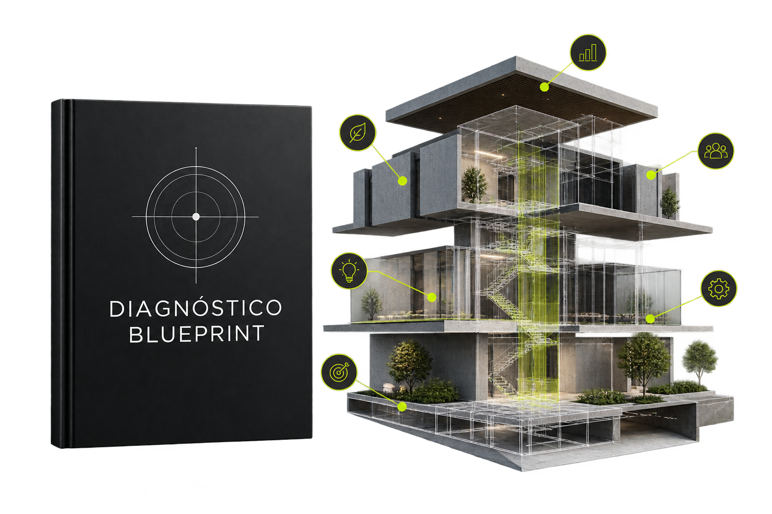 Relatório Blueprint ao lado de arquitetura em raio X, com camadas de mapeamento e sinais estratégicos